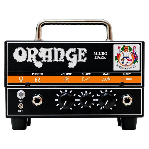 The Orange Micro Dark is a 20-watt hybrid guitar head featuring a 12AX7 preamp valve in an ultra-compact format. Delivers classic Orange character and high-gain tones through the valve-driven preamp into a solid-state power stage. Includes a headphone output with speaker simulation for silent practice.