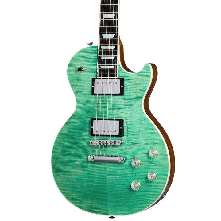 Gibson Les Paul Modern Figured. Ultra-Modern weight-relieved mahogany body with carved figured maple top. Asymmetrical SlimTaper mahogany neck. Compound radius ebony fretboard with 22 frets. Burstbucker Pro humbuckers with push/pull coil tap. Modern Contoured Heel for exceptional upper-fret access. Grover Rotomatic tuners. Includes hardshell case.