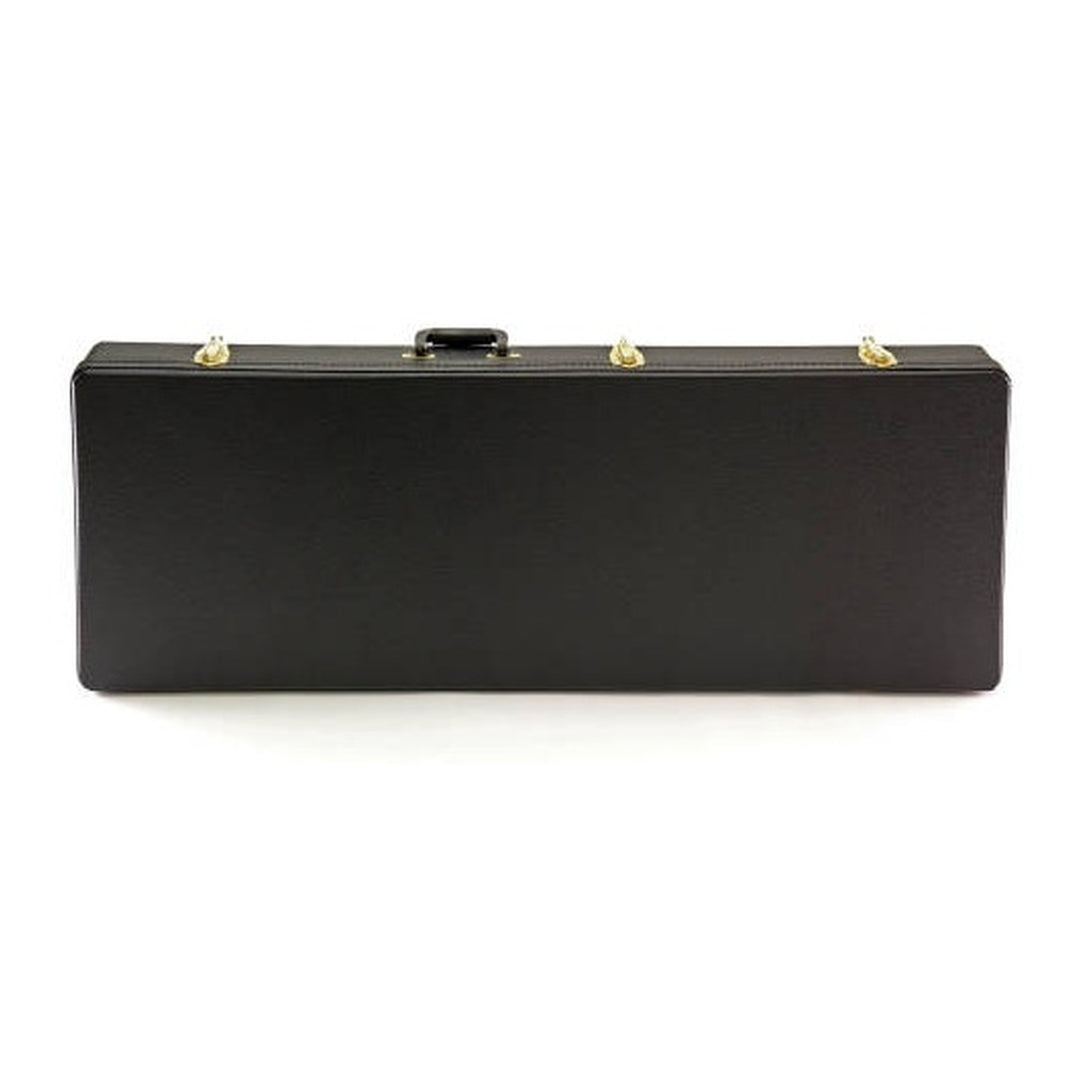 Yorkville hardshell electric guitar case designed specifically for Flying V body shape guitars, including the Epiphone Flying V. Five-ply cross-laminate wood construction with heavy-duty vinyl covering, plush interior lining, large accessory compartments, all-metal locking fasteners, and heavy-duty molded handles.