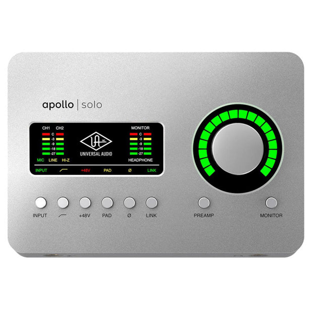 The UA Apollo Solo Heritage Edition is a Thunderbolt 3 desktop audio interface combining elite-class 24-bit/192 kHz audio conversion, two Unison-enabled mic preamps, and onboard UAD-2 DUO Core DSP processing for recording through UAD plug-ins in realtime. The Heritage Edition includes a curated set of classic UA plug-ins.