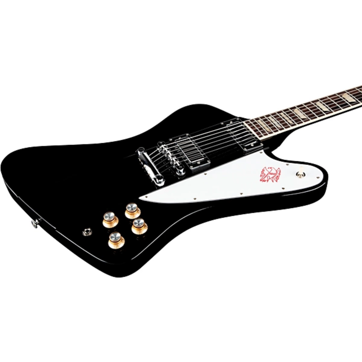 Gibson Firebird Platypus, Ebony. Tribute to the rare 1965 transitional Firebird with the flat Platypus-style Non-Reverse headstock. Mahogany body with set neck and neck-through appearance. SlimTaper mahogany neck, rosewood fretboard with 12-inch radius, 22 medium jumbo frets, acrylic trapezoid inlays. Two historically accurate Firebird Alnico 5 mini humbucker pickups. Nashville Tune-O-Matic bridge, aluminum Stop Bar tailpiece. Grover Mini Rotomatic tuners. Includes hardshell case.