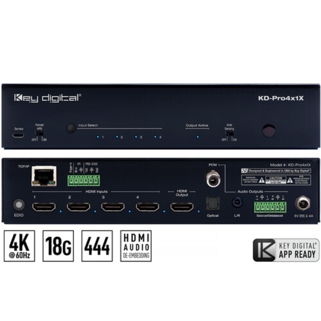 Key Digital 4x1 4K/18G HDMI Switcher with Auto Switching and Audio De-Embedding