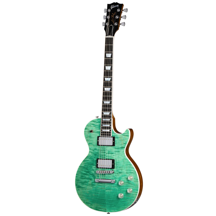 Gibson Les Paul Modern Figured. Ultra-Modern weight-relieved mahogany body with carved figured maple top. Asymmetrical SlimTaper mahogany neck. Compound radius ebony fretboard with 22 frets. Burstbucker Pro humbuckers with push/pull coil tap. Modern Contoured Heel for exceptional upper-fret access. Grover Rotomatic tuners. Includes hardshell case.