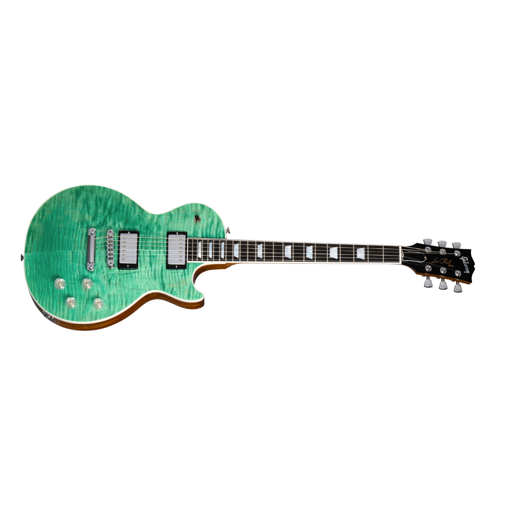 Gibson Les Paul Modern Figured. Ultra-Modern weight-relieved mahogany body with carved figured maple top. Asymmetrical SlimTaper mahogany neck. Compound radius ebony fretboard with 22 frets. Burstbucker Pro humbuckers with push/pull coil tap. Modern Contoured Heel for exceptional upper-fret access. Grover Rotomatic tuners. Includes hardshell case.