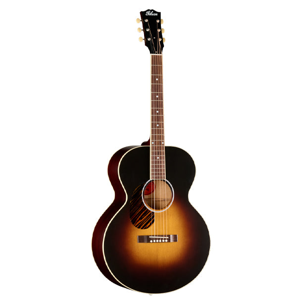 Left-handed Gibson J-185 Century 12-Fret in Vintage Sunburst finish. Mahogany body with Sitka spruce top, single-ply cream binding. Mahogany neck with SlimTaper 12-Fret profile joining at the 12th fret, compound dovetail joint. Bound rosewood fretboard, 19 frets, MOP dot inlays. Sloped rectangle closed-slot rosewood bridge. Bone nut and saddle. TUSQ bridge pins. Open-back Golden Age tuners. Satin Vintage Sunburst nitrocellulose finish. Century Collection tweed hardshell case included.