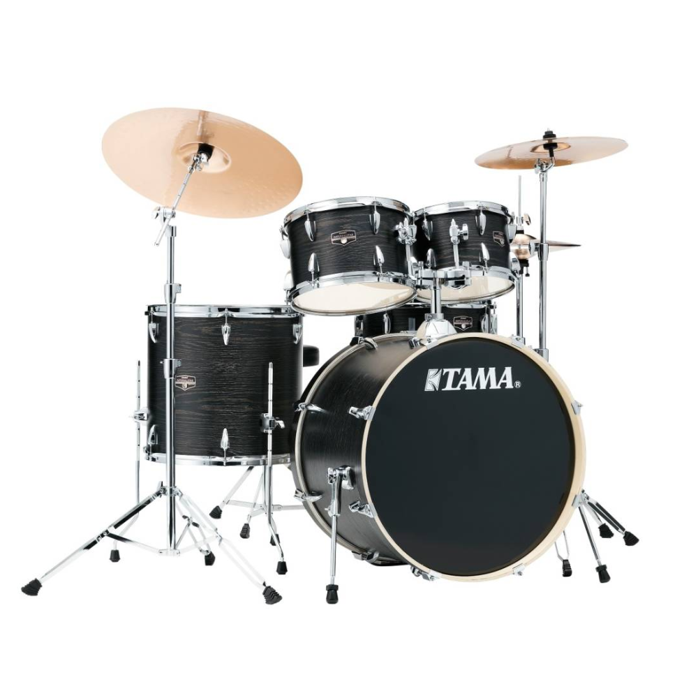 Tama IE52CBOW Imperial Star 5-Piece Complete Drum Kit & Meinl Cymbals with Throne, and Kick Pedal - Black Oak Wrap