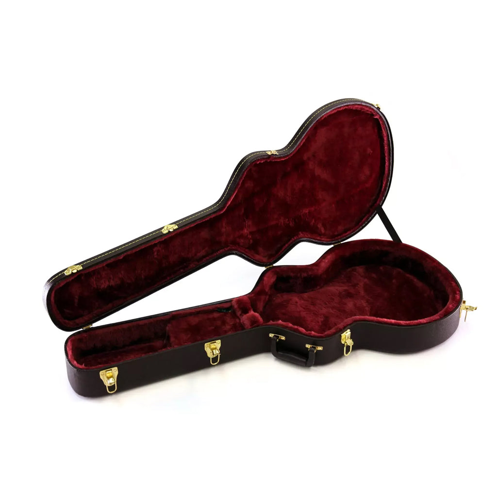 Yorkville super deluxe arched-top acoustic guitar case with genuine leather handle. Five-ply cross-laminate wood construction with heavy-duty vinyl covering, plush interior lining, large accessory compartments, all-metal locking fasteners, and an arched lid for a secure instrument fit.