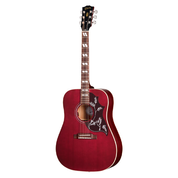 Gibson Hummingbird Special in Satin Wine Red finish. USA-built square-shoulder dreadnought with solid mahogany back and sides and solid Sitka spruce top. Scalloped X-bracing, slightly thinner concert depth body. Mahogany neck with SlimTaper profile, 24.75 in. scale. Rosewood fretboard, 20 frets, MOP dot inlays. TUSQ hardware. Grover Rotomatic tuners. Satin Wine Red nitrocellulose finish. LR Baggs Element Bronze under-saddle pickup. Premium soft-shell case included.