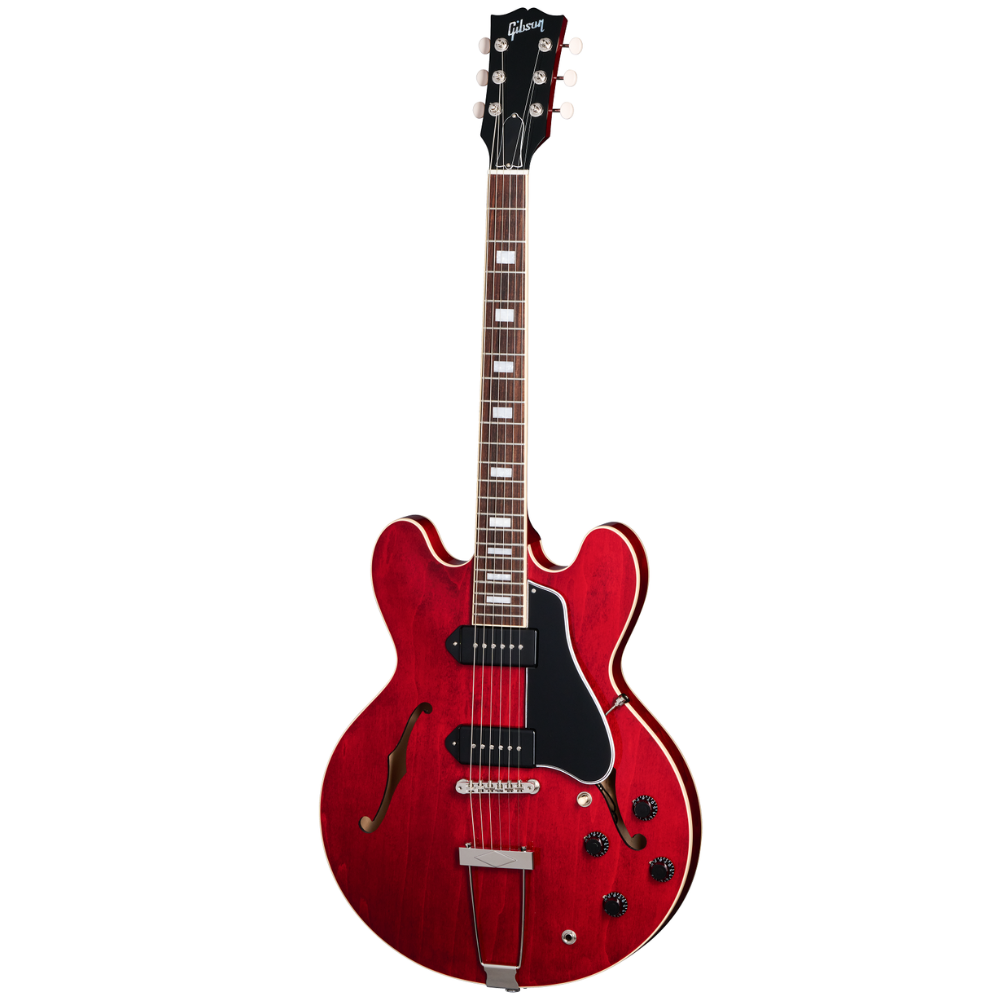 Gibson ES-330. Fully hollow thinline archtop body with no center block. Laminated maple top, back, and sides. Mahogany neck, rosewood fingerboard, 22 frets. P-90 dog-ear pickups. Trapeze tailpiece. Vintage styling. Includes hardshell case.