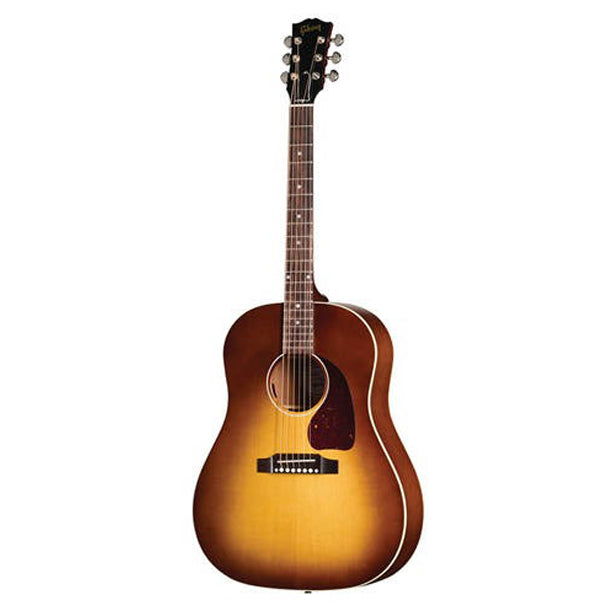 Gibson J-45 Special in Satin Honeyburst finish. USA-built round-shoulder dreadnought with solid mahogany back and sides and solid Sitka spruce top. Traditional scalloped X-bracing, slightly thinner concert depth body. Utile neck with SlimTaper profile, compound dovetail joint, 24.75 in. scale. Rosewood fretboard, 20 frets, MOP dot inlays. TUSQ hardware. Grover Rotomatic tuners. Satin Honeyburst nitrocellulose lacquer finish. LR Baggs Element Bronze under-saddle pickup. Premium soft-shell case included.