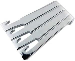 Tension tailpiece design for ease of re-stringing. All strings slip easily under front of tailpiece, channels in surface hold strings in place. Tailpiece adjusts a small amount side to side to center strings over fingerboard. Accepts ball-end or loop-end strings.