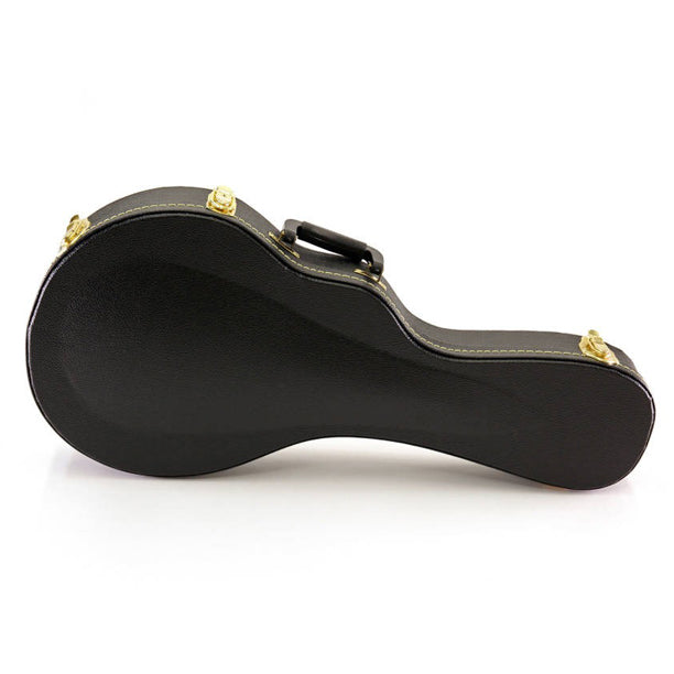 Yorkville hardshell F-style mandolin case providing road-tough instrument protection. Five-ply cross-laminate wood construction with heavy-duty vinyl covering, plush interior lining, large accessory compartments, all-metal locking fasteners, and heavy-duty molded handles.