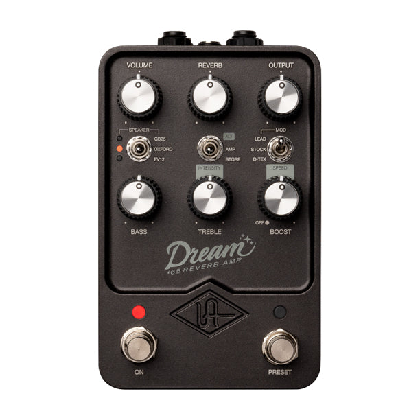 The UA UAFX Dream '65 Reverb Amplifier delivers the most authentic mid-'60s American tube combo sound ever placed into a stompbox. Built on UAFX dual-engine processing, the Dream '65 features authentic spring reverb and vibrato modeled from a golden-unit amp, legendary mic and speaker cabinet pairings from the OX Amp Top Box, and hot-rod amp mods. Ideal for genres from soul and surf to blues and rock.