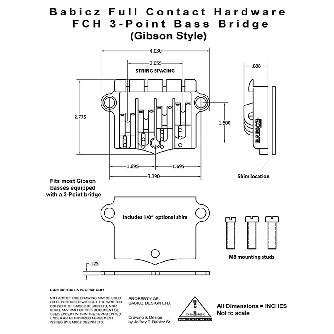 Allparts BB-3566-003 - Babicz Full Contact FCH 3PT BASS BRIDGE, 4 String W/SHIM