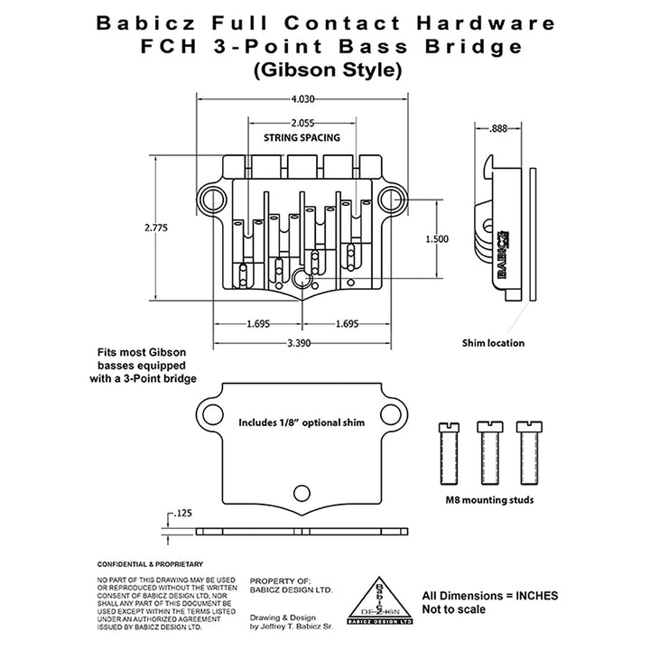 Allparts BB-3566-003 - Babicz Full Contact FCH 3PT BASS BRIDGE, 4 String W/SHIM