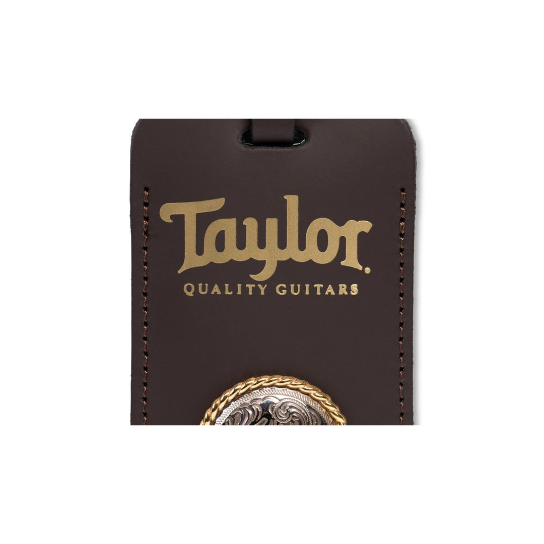 Taylor Leather Luggage Tag w/Concho, Chocolate Brown,Gold Logo