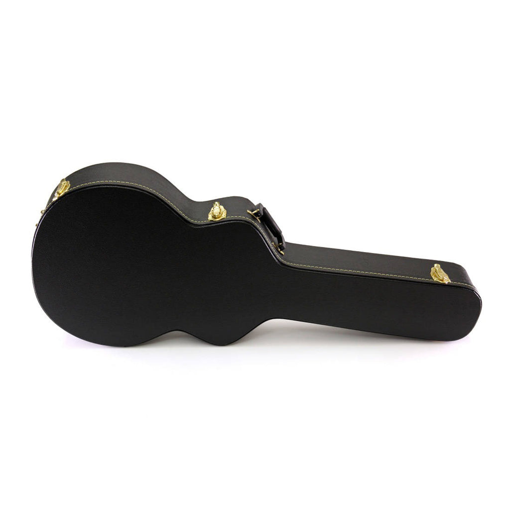 Yorkville hardshell acoustic guitar case designed for shallow-body acoustic guitars including the Ovation PR and Celebrity series. Five-ply cross-laminate wood construction with heavy-duty vinyl covering, plush interior lining, large accessory compartments, all-metal locking fasteners, and heavy-duty molded handles.
