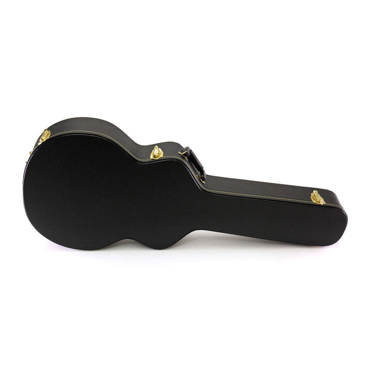 Yorkville hardshell acoustic guitar case designed for shallow-body acoustic guitars including the Ovation PR and Celebrity series. Five-ply cross-laminate wood construction with heavy-duty vinyl covering, plush interior lining, large accessory compartments, all-metal locking fasteners, and heavy-duty molded handles.
