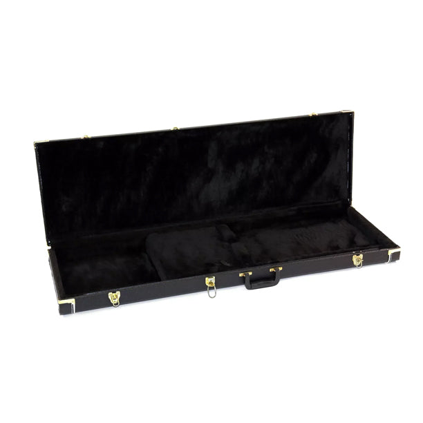 Yorkville deluxe hardshell bass guitar case with arched top for a secure instrument fit. Five-ply cross-laminate wood construction with heavy-duty vinyl covering, plush interior lining, large accessory compartments, all-metal locking fasteners, and heavy-duty molded handles.