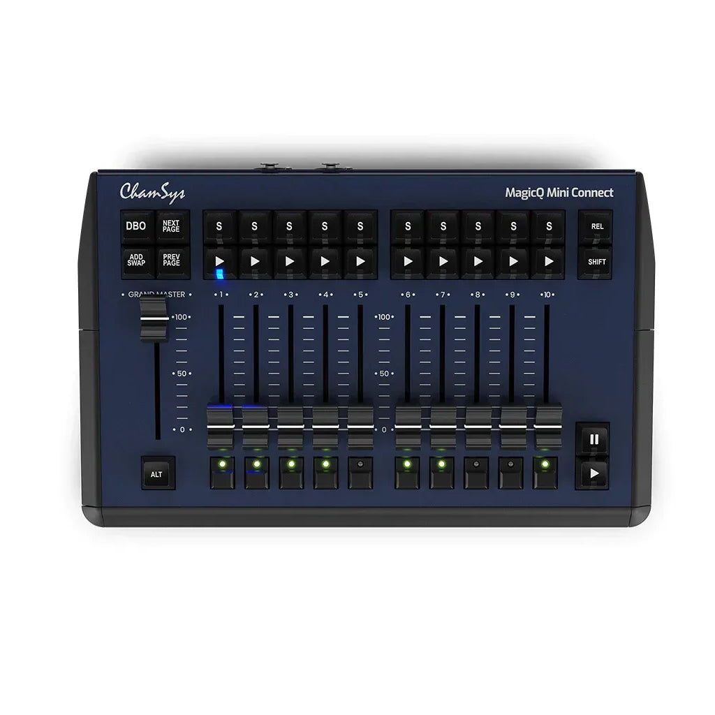 The MagicQ Compact Mini Connect is a highly portable USB-powered control surface that couples physical playback with the power of MagicQ software.