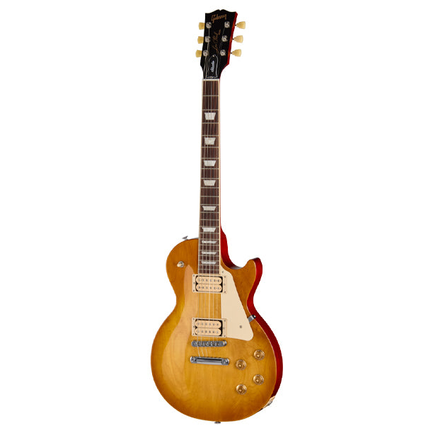 Gibson Les Paul Studio. Ultra Modern weight-relieved mahogany body with carved plain maple cap. SlimTaper mahogany neck, bound rosewood fretboard. Burstbucker pickups with push/pull coil tapping. Aluminum Nashville Tune-O-Matic bridge, lightweight aluminum Stop Bar. Gloss nitrocellulose lacquer finish. Includes soft shell case.