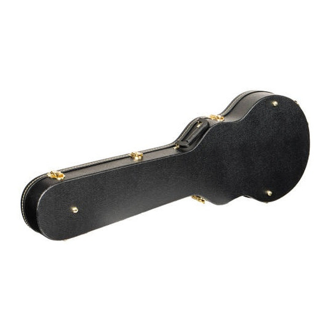 Yorkville deluxe arched-top hardshell electric guitar case designed for Les Paul body shape guitars, with an arched lid for a snug, secure fit. Five-ply cross-laminate wood construction with heavy-duty vinyl covering, plush interior lining, large accessory compartments, all-metal locking fasteners, and heavy-duty molded handles.
