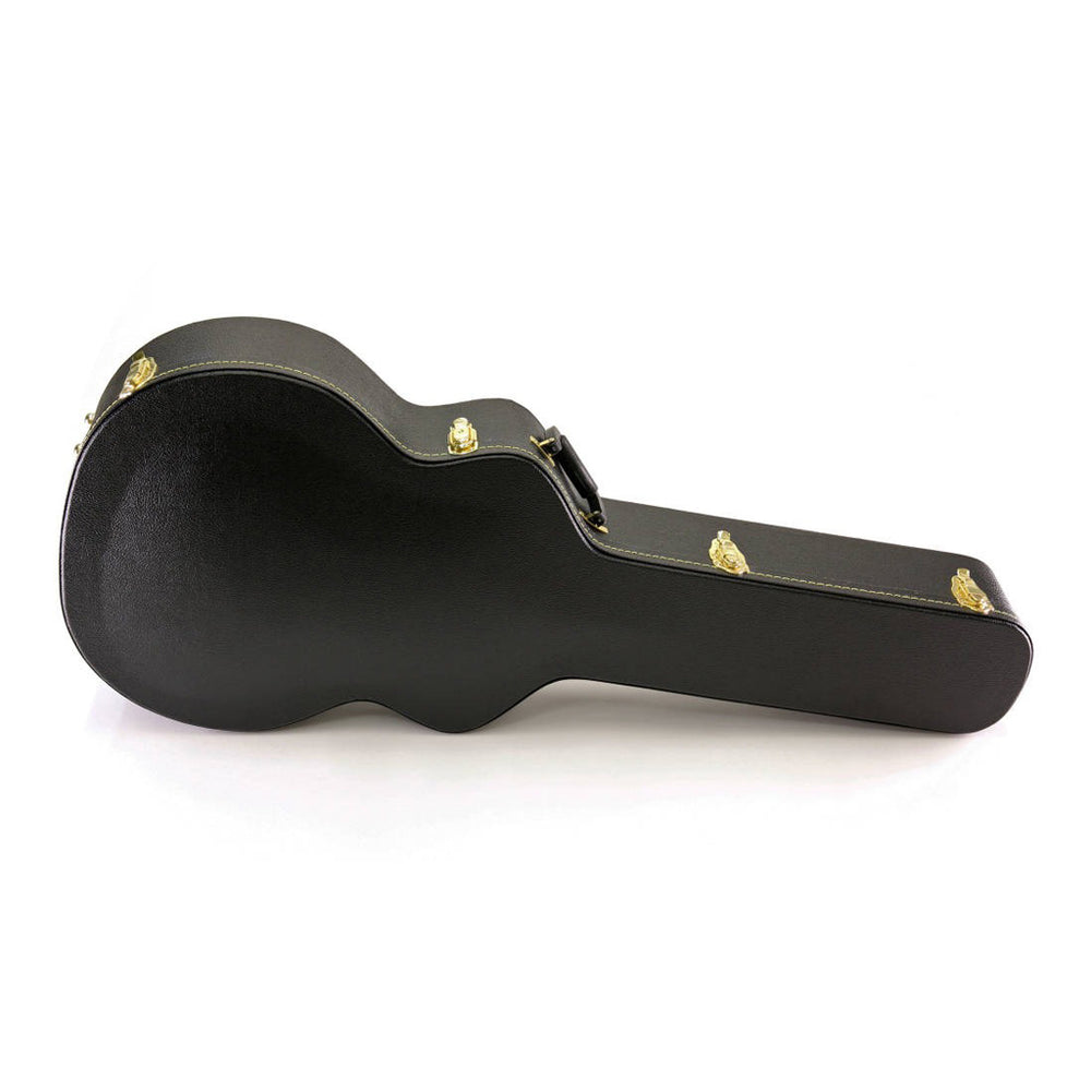 Yorkville hardshell acoustic guitar case designed for jumbo body acoustic guitars. Five-ply cross-laminate wood construction with heavy-duty vinyl covering, plush interior lining, large accessory compartments, all-metal locking fasteners, and heavy-duty molded handles.