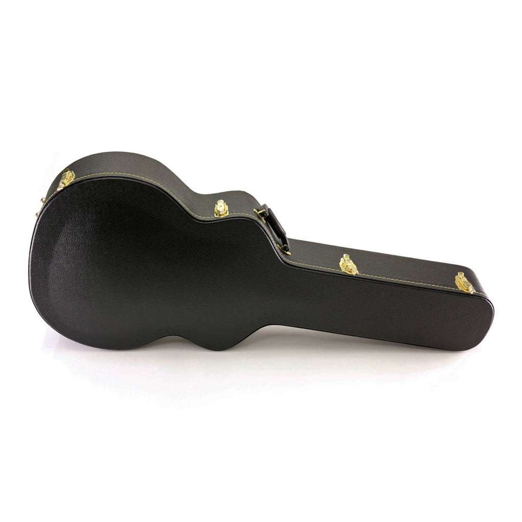 Yorkville hardshell acoustic guitar case designed for jumbo body acoustic guitars. Five-ply cross-laminate wood construction with heavy-duty vinyl covering, plush interior lining, large accessory compartments, all-metal locking fasteners, and heavy-duty molded handles.