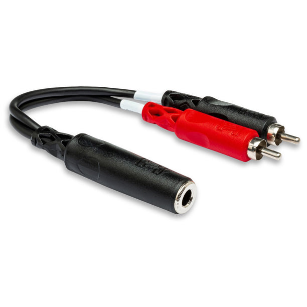 Y-cable splitter or combiner for routing one audio signal to two destinations or combining two sources.