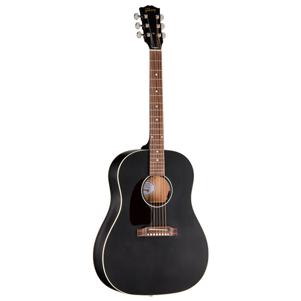 Left-handed Gibson J-45 Special in Satin Ebony finish. USA-built round-shoulder dreadnought with solid mahogany back and sides and solid Sitka spruce top. Traditional scalloped X-bracing, concert depth body. Utile neck with SlimTaper profile, 24.75 in. scale. Rosewood fretboard, 20 frets, MOP dot inlays. TUSQ hardware. Grover Rotomatic tuners. Satin Ebony nitrocellulose lacquer finish. LR Baggs Element Bronze under-saddle pickup. Premium soft-shell case included.