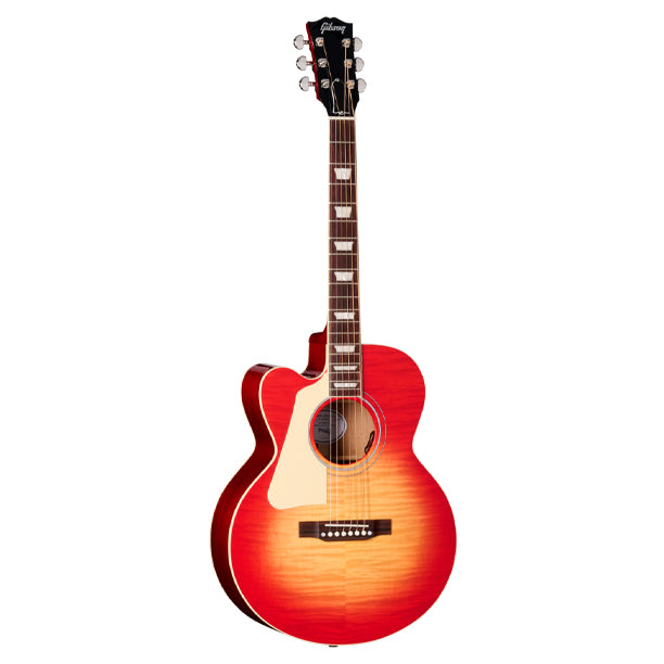 Left-handed Gibson Les Paul Parlor Acoustic in Vintage Cherry Sunburst. Parlor-sized single-cutaway body with solid mahogany back and sides and bookmatched AAA flame maple top. Traditional scalloped X-bracing. Mahogany neck with Advanced Response profile, 19 frets, 24.75 in. scale. Bound rosewood fretboard, 12 in. radius, pearloid trapezoid inlays. Grover Rotomatic tuners. Gloss nitrocellulose lacquer finish. LR Baggs VTC+4 under-saddle pickup with soundhole-mounted controls. Modern hardshell case included.