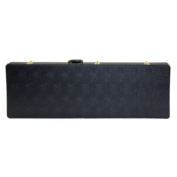 Yorkville hardshell bass guitar case designed for Explorer-style bass guitar body shapes. Five-ply cross-laminate wood construction with heavy-duty vinyl covering, plush interior lining, large accessory compartments, all-metal locking fasteners, and heavy-duty molded handles.