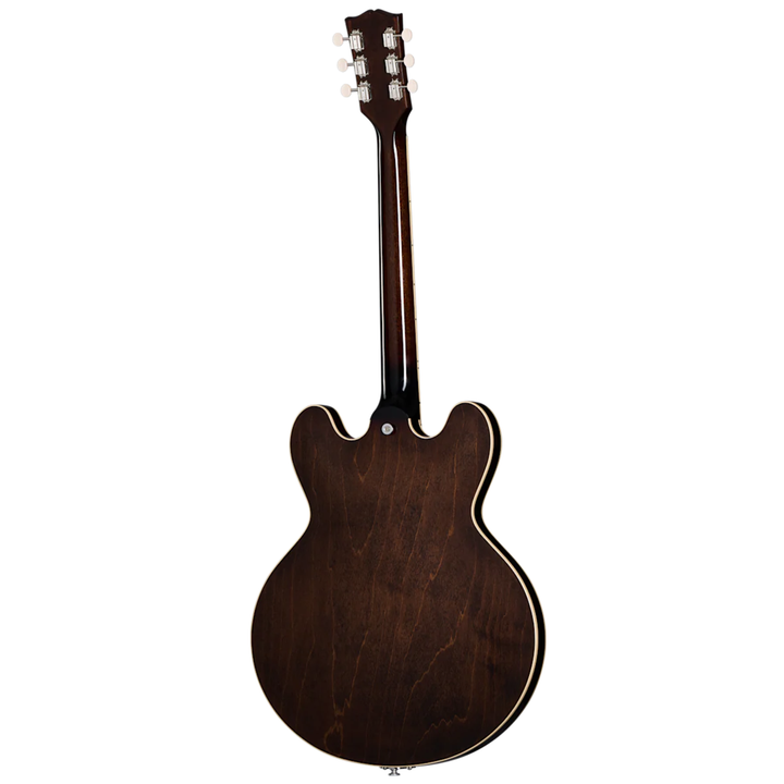 Gibson ES-330. Fully hollow thinline archtop body with no center block. Laminated maple top, back, and sides. Mahogany neck, rosewood fingerboard, 22 frets. P-90 dog-ear pickups. Trapeze tailpiece. Vintage styling. Includes hardshell case.