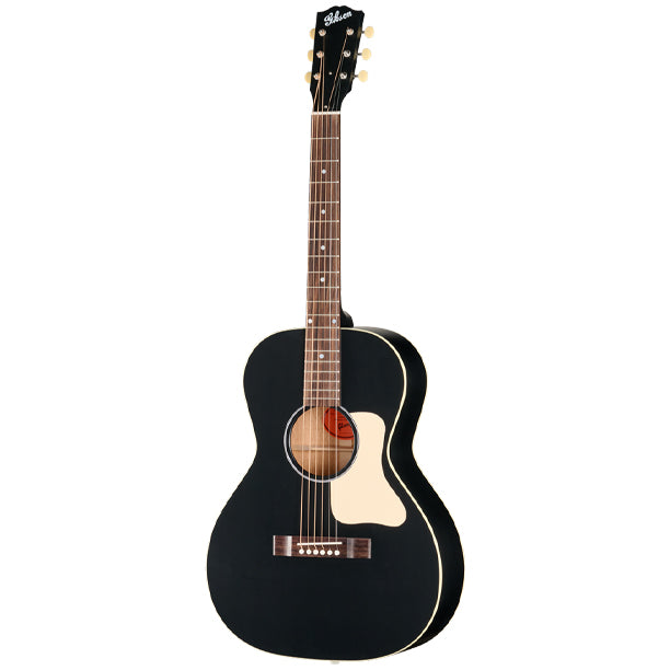 Gibson L-00 Century 12-Fret in Ebony finish, part of the Century Collection celebrating 100 Years of Gibson Flat-Tops. Mahogany body with 12-fret neck-to-body joint, single-ply cream binding. Mahogany neck with SlimTaper 12-Fret profile, compound dovetail joint. Rosewood fretboard, 19 frets, MOP dot inlays. Open-back Golden Age tuners with cream buttons. Vintage script Gibson logo. Satin Ebony nitrocellulose finish. Century Collection tweed hardshell case included.