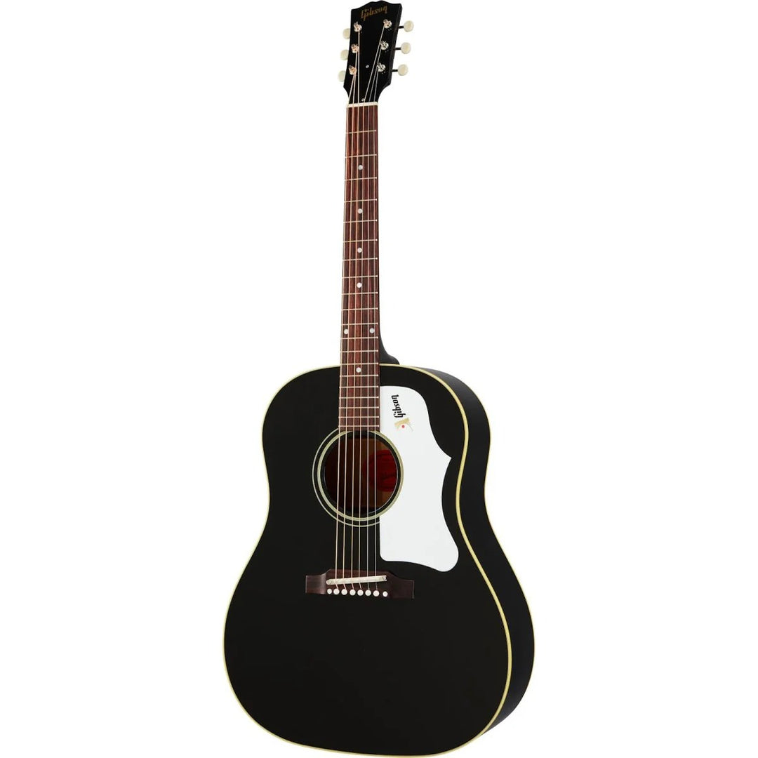 Gibson 60s J-45 Original with 50s appointments in Ebony. 1960s-era J-45 styling combined with select 50s specifications. Round-shoulder dreadnought with solid mahogany back and sides and solid Sitka spruce top. Traditional hand-scalloped X-bracing. Mahogany neck with Rounded profile, 24.75 in. scale. Rosewood fretboard, 20 frets, MOP dot inlays. Double antiqued binding. Grover strap cream button tuners. Gloss Ebony nitrocellulose finish. LR Baggs VTC electronics. Gibson hardshell case included.