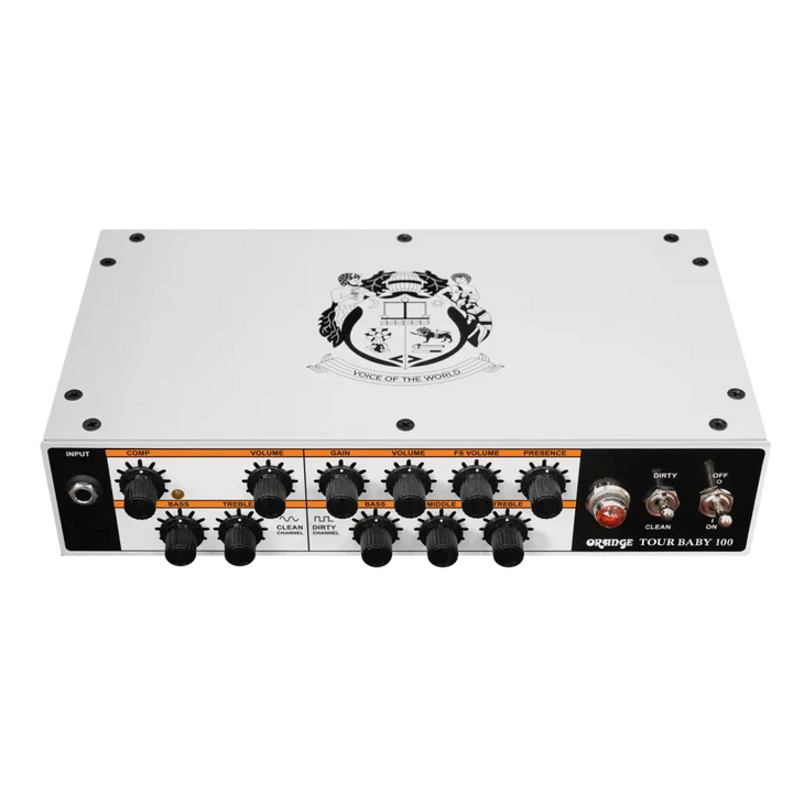 Tap into 100 watts of pure British tone with the Orange Tour Baby. Compact and ultra-portable, this powerful 2-channel amp head is the first choice for many guitarists, providing sparkling cleans on one side and classic valve-like Orange gain on the other.