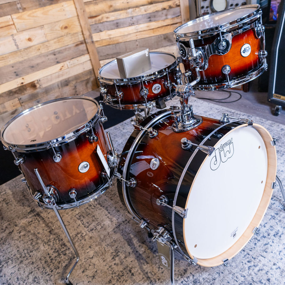 DW Design Series Frequent Flyer 4-Piece Shell Pack Gloss Lacquer Drum Set (8x12, 11x14, 12x20, 5x14) - Tobacco Burst