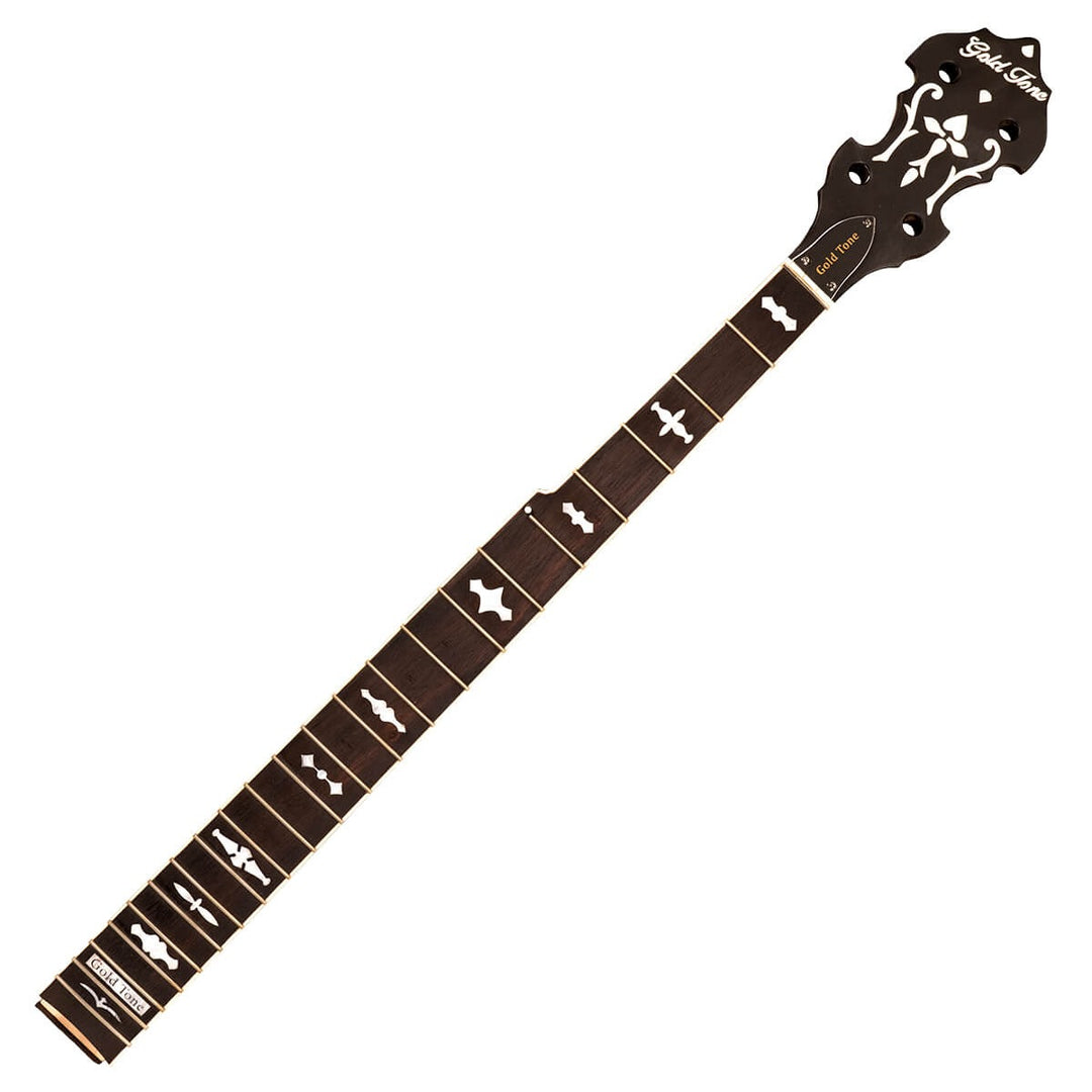 This neck is available with a flat heel surface or Gold Tone can make a standard flange cut for a one piece flange. This heel cut is based off a Gold Tone pot using a standard 5/8 bridge height and is not guaranteed to fit all banjos. Slight angle modifications may be necessary.