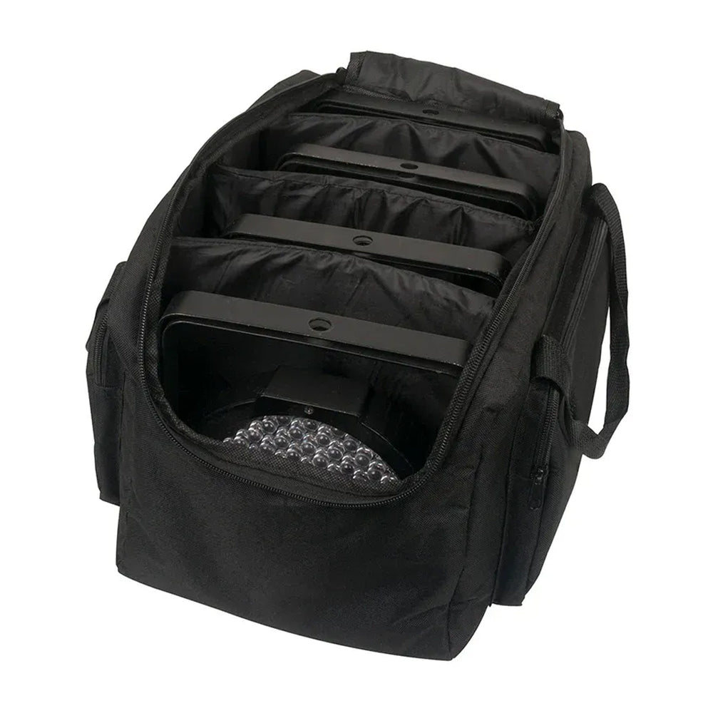 The Eliminator Lighting F4 Par Bag is a soft padded transport bag designed to carry any type of modern flat par fixtures. The bag is divided into four compartments to keep your fixtures separate and well-protected. The padded material offers further reassurance that your units won&rsquo;t be damaged. You may even find that by keeping your fixtures in such good condition, you even make back the money you spend on the bag when you finally sell your fixtures.