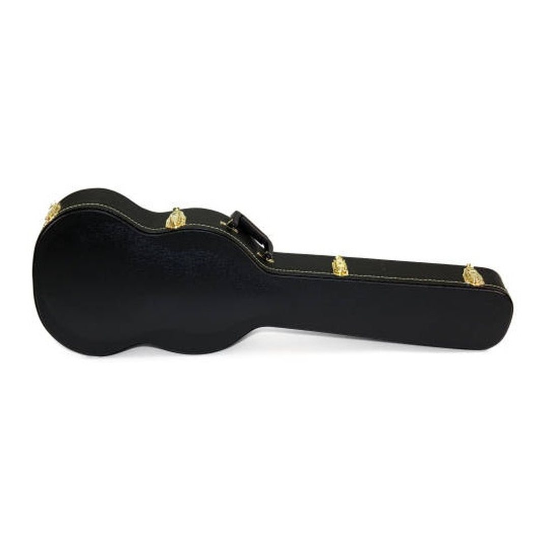 Yorkville deluxe arched-top hardshell electric guitar case designed for SG body shape guitars, with an arched lid for a snug, secure fit. Five-ply cross-laminate wood construction with heavy-duty vinyl covering, plush interior lining, large accessory compartments, all-metal locking fasteners, and heavy-duty molded handles.