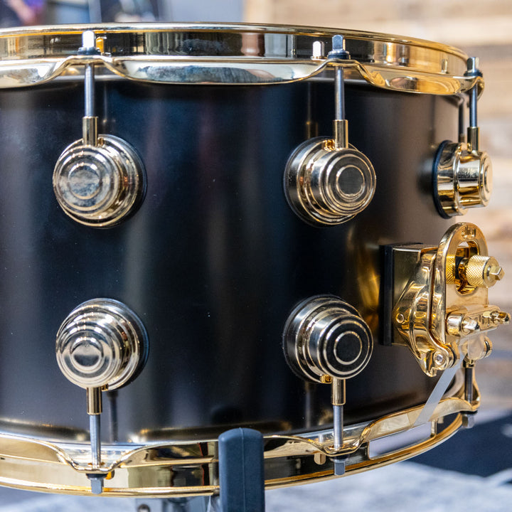 DW Collectors Snare Drum 8 x 14 Satin Black Over Brass Snare/ Gold Hardware