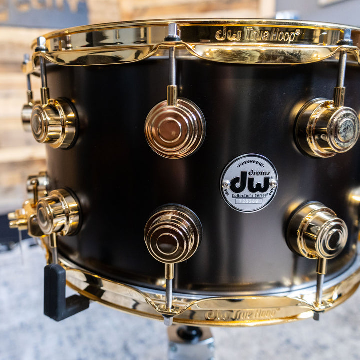 DW Collectors Snare Drum 8 x 14 Satin Black Over Brass Snare/ Gold Hardware