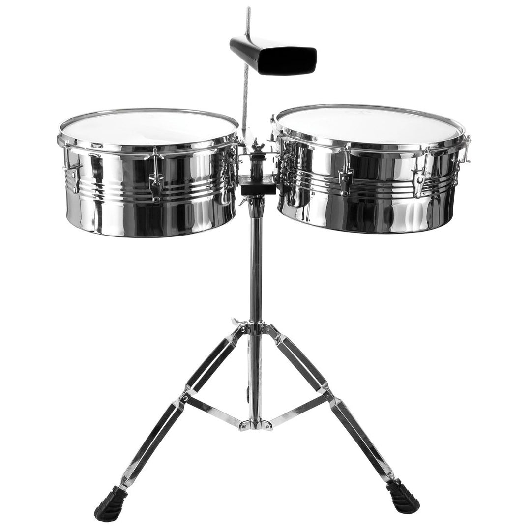 Granite Percussion Professional Timbale Set (13 & 14 inch) with Stand & Cowbell - Chrome