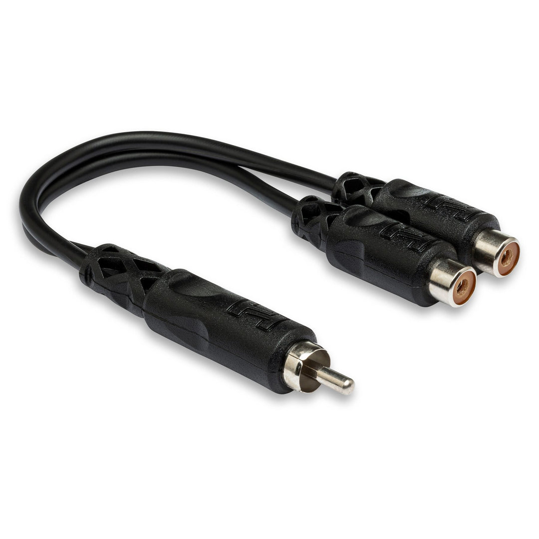 Y-cable splitter or combiner for routing one audio signal to two destinations or combining two sources.