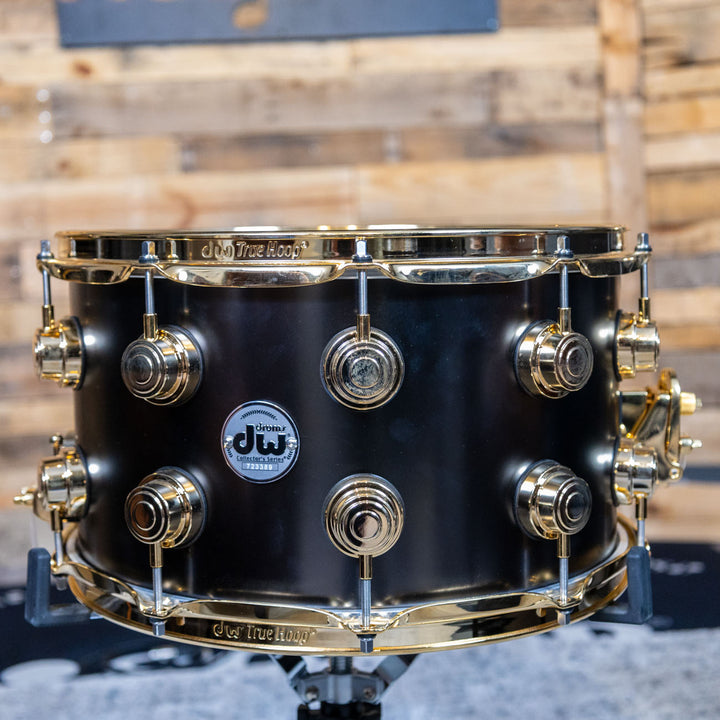 DW Collectors Snare Drum 8 x 14 Satin Black Over Brass Snare/ Gold Hardware