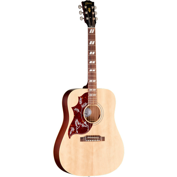 Left-handed Gibson Hummingbird Special in Satin Natural finish. Square-shoulder mahogany body with solid Sitka spruce top, scalloped X-bracing, slightly thinner concert depth body. Mahogany neck with SlimTaper profile, 24.75 in. scale. Rosewood fretboard, 20 frets, MOP dot inlays. TUSQ hardware. Grover Rotomatic tuners. Satin natural nitrocellulose finish. LR Baggs Element Bronze under-saddle pickup. Premium soft-shell case included.