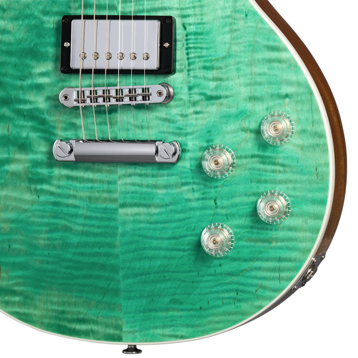 Gibson Les Paul Modern Figured. Ultra-Modern weight-relieved mahogany body with carved figured maple top. Asymmetrical SlimTaper mahogany neck. Compound radius ebony fretboard with 22 frets. Burstbucker Pro humbuckers with push/pull coil tap. Modern Contoured Heel for exceptional upper-fret access. Grover Rotomatic tuners. Includes hardshell case.