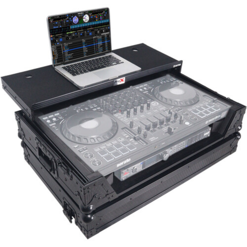 ProX XS-DDJFLX10WLTBLLED ATA Flight Style Road Case for Pioneer DDJ-FLX10 DJ Controller w/ Laptop Shelf 1U Rack Space Wheels & LED - Black Finish
