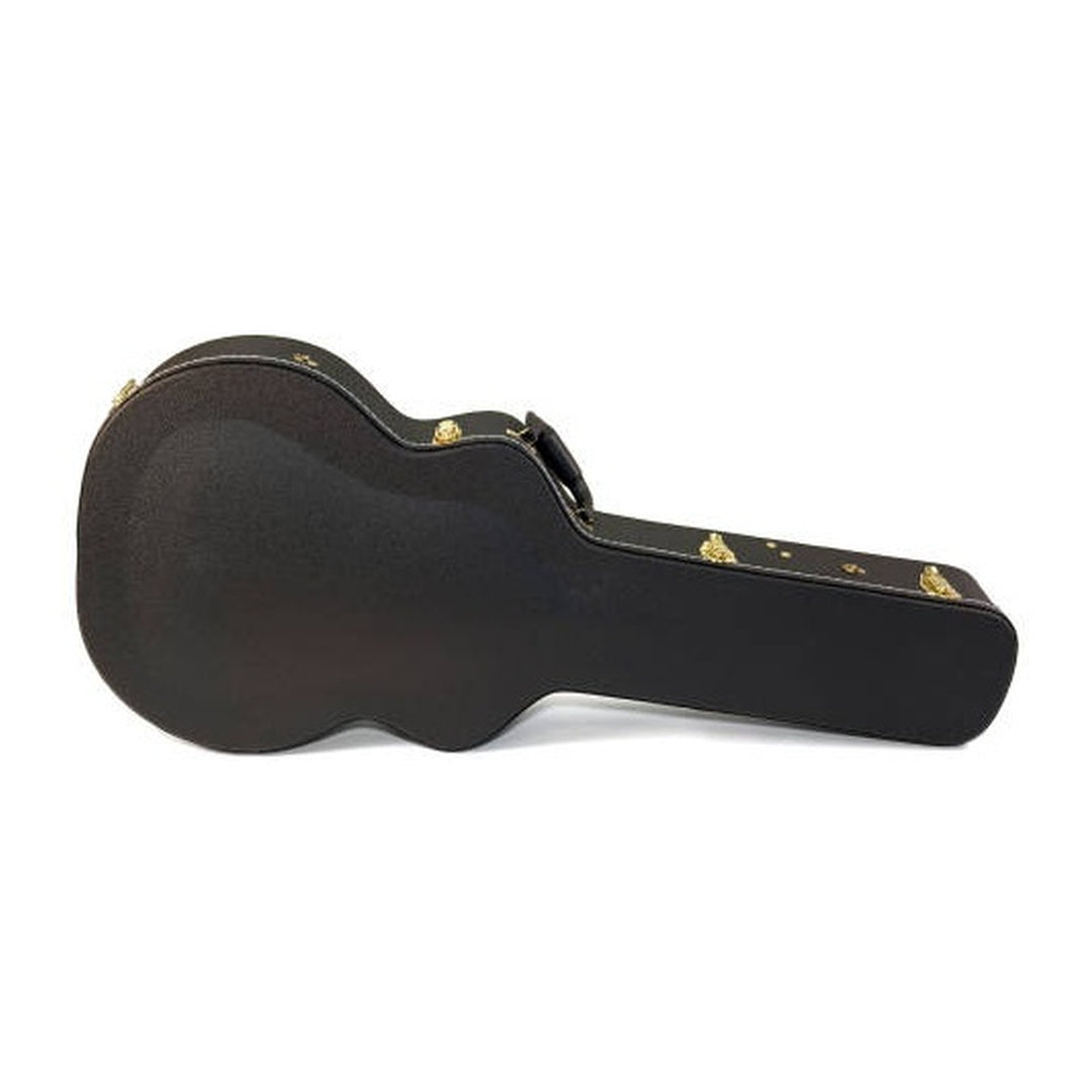 Yorkville hardshell archtop case designed for full-depth archtop guitars up to 18 Inch body width, including the Gibson Super 400 and similar large-body jazz guitars. Five-ply cross-laminate wood construction with heavy-duty vinyl covering, plush interior lining, large accessory compartments, all-metal locking fasteners, and heavy-duty molded handles.