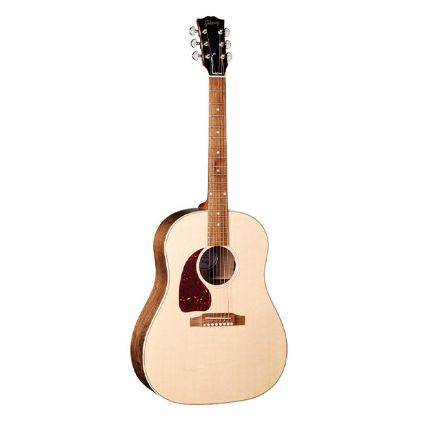 Left-handed Gibson J-45 Studio Walnut with gloss nitrocellulose-finished Sitka spruce top, Natural finish. Round-shoulder dreadnought handcrafted in Bozeman. Gloss nitro Sitka spruce top, satin-finished walnut back and sides, full-depth body. Advanced Response utile neck, compound dovetail joint, 24.75 in. scale. Rosewood fretboard with MOP dot inlays, 20 frets. TUSQ nut and bridge pins. Grover Rotomatic tuners. LR Baggs Element Bronze active under-saddle pickup. Modern hardshell case included.